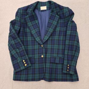 Vintage Pendleton Wool Blazer Blue Green Plaid Tartan Gold Buttons USA Made